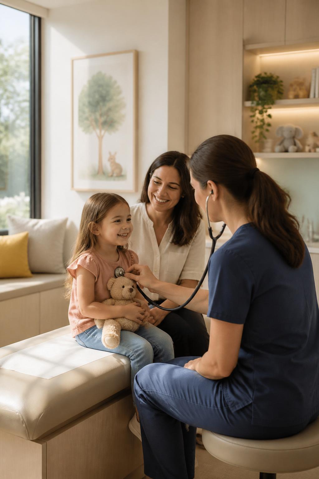 Inviting pediatric care room with soft light, warm materials, and clean surfaces.