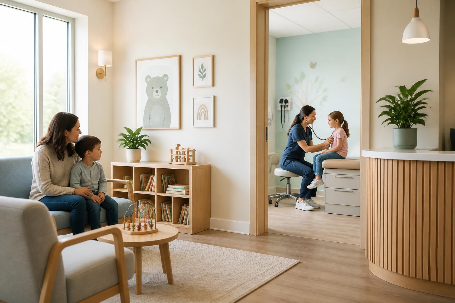 Bright pediatric clinic interior with calm natural light and warm neutral finishes.